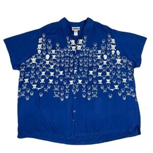 Vintage Y2K Skull & Cross Bones Rock Goth Button Up Blue Shirt Size 3XL XXXL B15